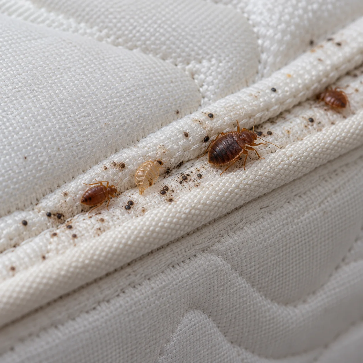 Illustration de punaises, traces et mue sur un matelas