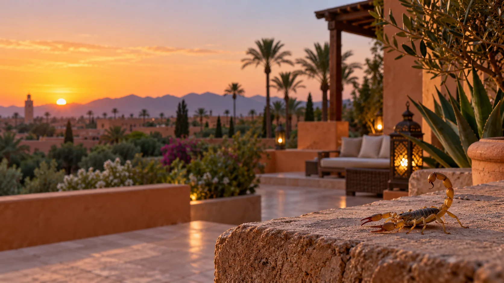 Illustration d'un scorpion aux abords d'une villa à Marrakech